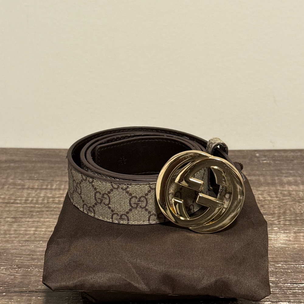 Gucci Tan and Gold Monogram Belt